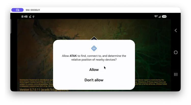 Allow ATAK to find, connect to, and determine the relative position of nearby devices? prompt with Allow and Don't allow options