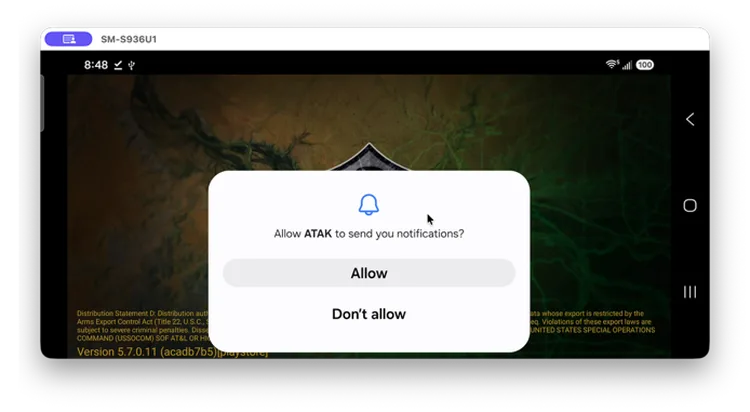 Allow ATAK to send you notifications? prompt with Allow and Don't allow options