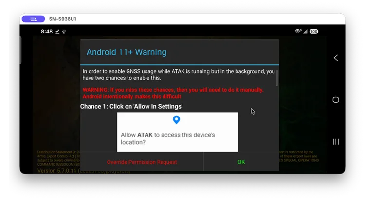 "Android 11+ Warning" screen explaining Chance 1: Click on 'Allow In Settings', with a location permission prompt and OK button
