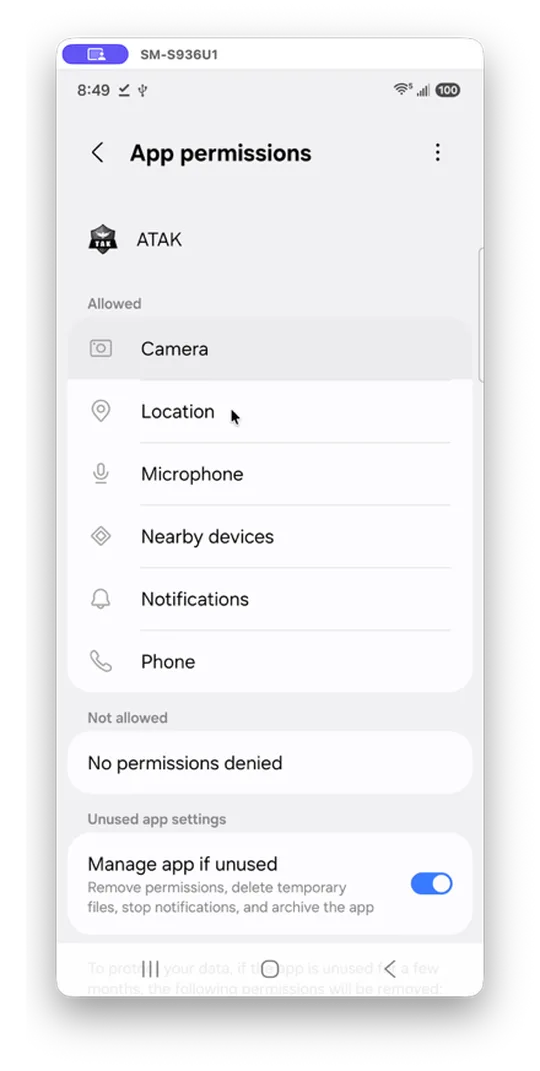 ATAK App permissions screen listing Camera, Location, Microphone, Nearby devices, Notifications, and Phone as Allowed