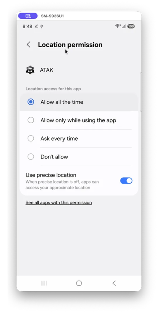 Location permission screen with "Allow all the time" selected