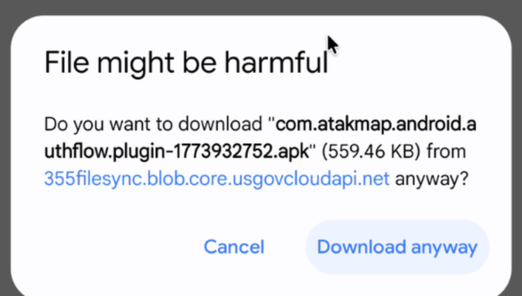 Chrome "File might be harmful" warning for the com.atakmap.android.authflow.plugin APK, with Cancel and Download anyway options
