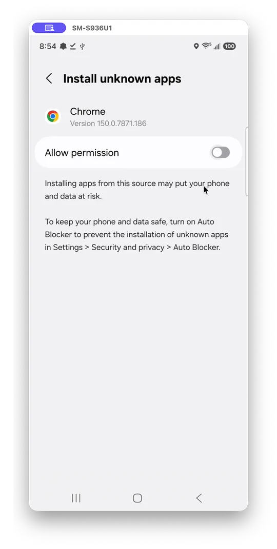 Install unknown apps screen for Chrome with the Allow permission toggle off