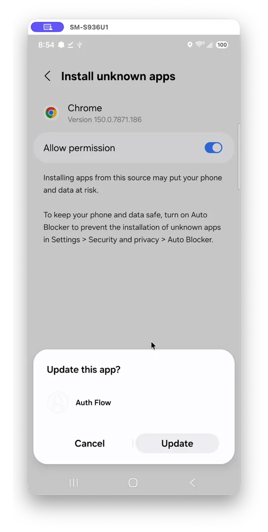 Install unknown apps screen for Chrome with Allow permission toggled on, and an "Update this app?" dialog for Auth Flow