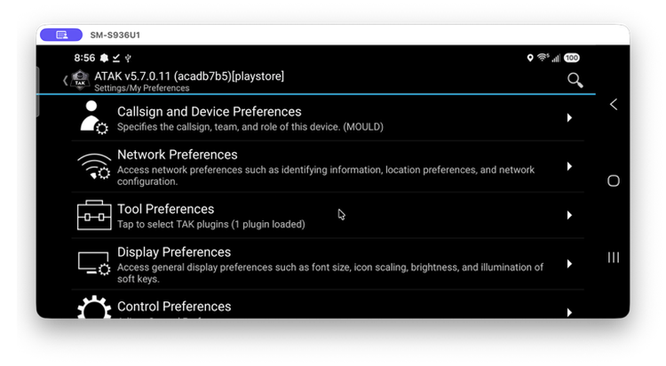 ATAK Settings / My Preferences list with Tool Preferences highlighted
