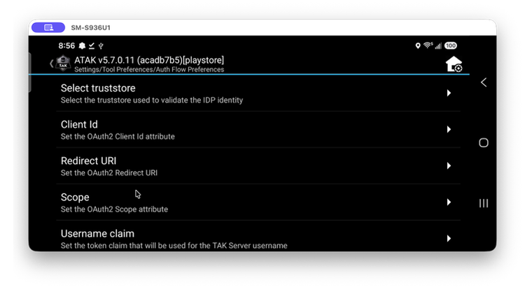 AuthFlow Preferences menu listing Select truststore, Client Id, Redirect URI, Scope, and Username claim
