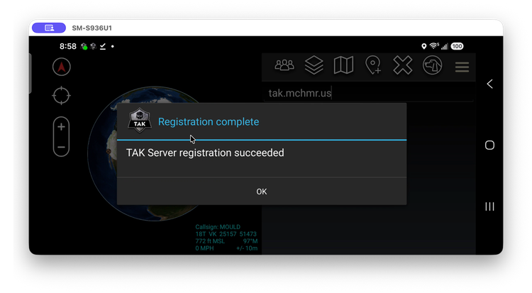 "Registration complete" dialog showing "TAK Server registration succeeded" with an OK button