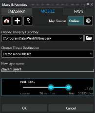 MOBILE tab with Map Source toggled to Local, listing downloaded imagery layers