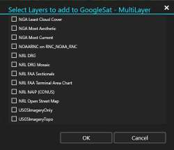 Select Layers to add to MultiLayer dialog listing available imported map sources