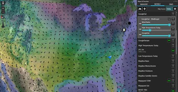 Multi-layer map source displayed on the map with per-source transparency sliders