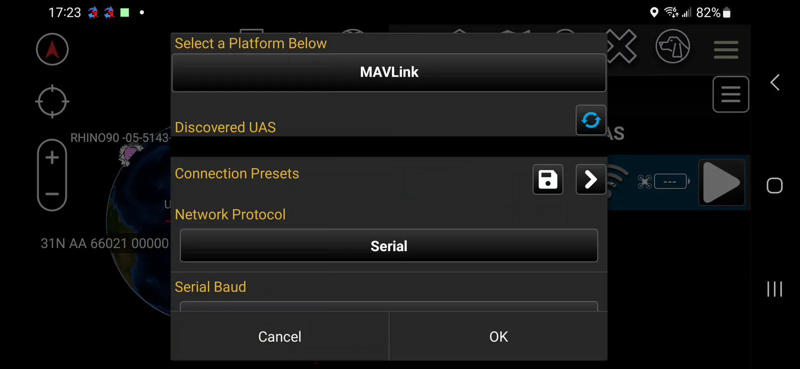 Select a Platform Below dialog, with MAVLink chosen and Network Protocol set to Serial