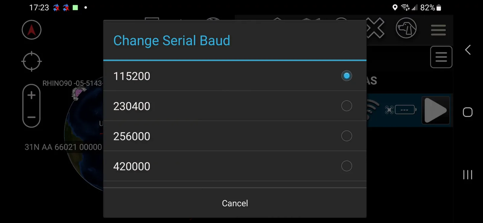 Change Serial Baud dialog with 115200 selected