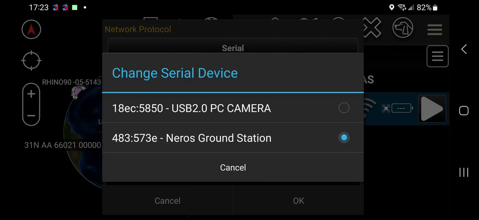 Change Serial Device dialog showing Neros Ground Station selected
