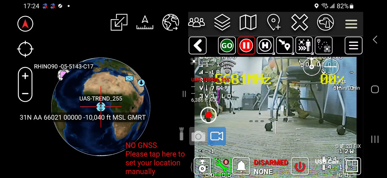 Split-screen view: map on the left, live video feed from the drone on the right