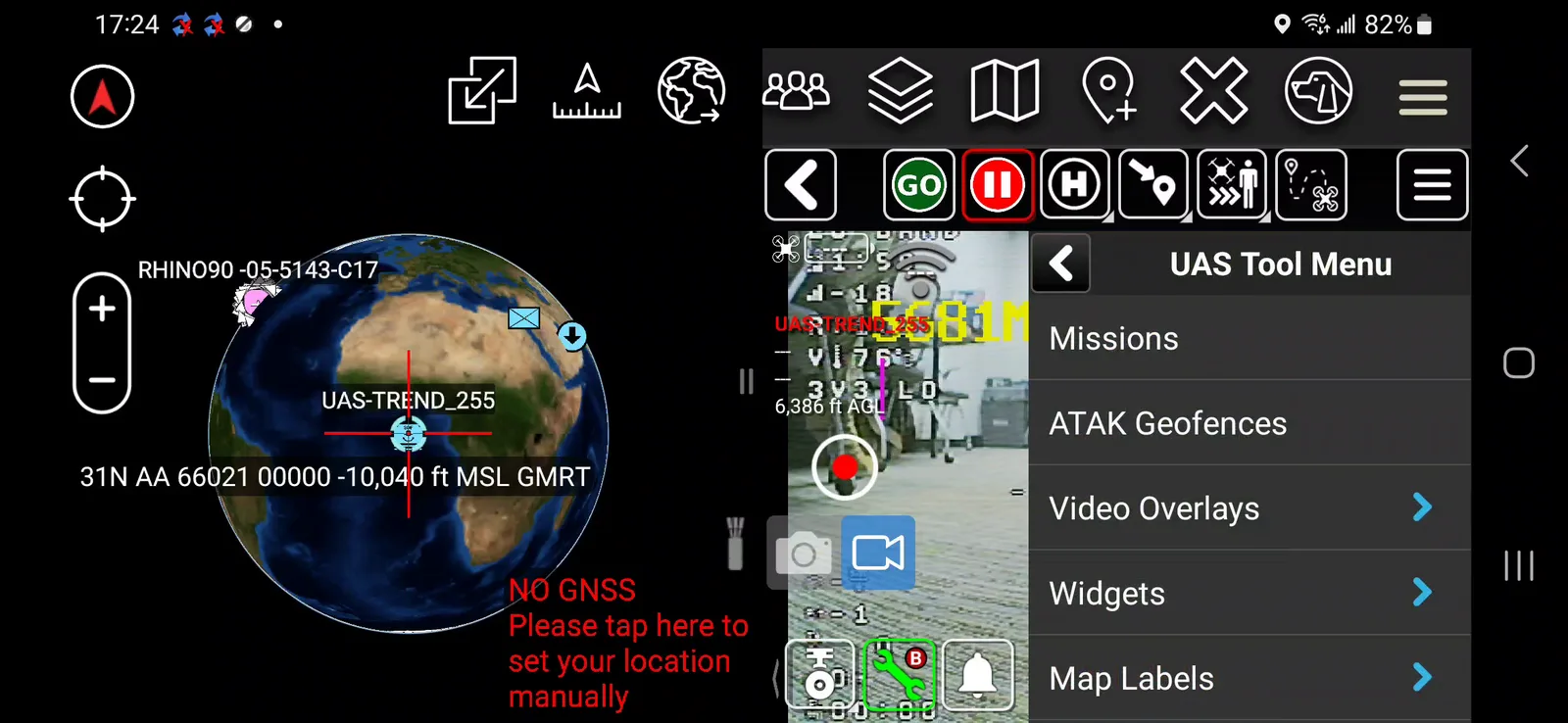 UAS Tool Menu showing Missions, ATAK Geofences, Video Overlays, Widgets, and Map Labels