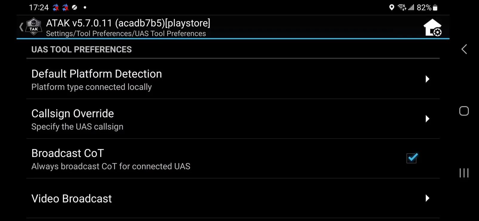 UAS Tool Preferences screen with Broadcast CoT enabled and a Video Broadcast entry