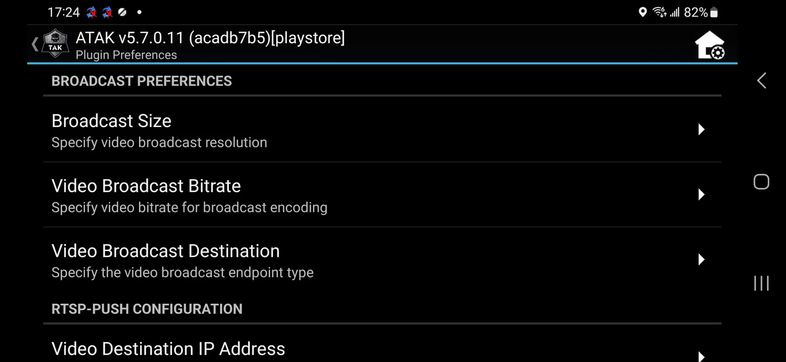Broadcast Preferences screen listing Broadcast Size, Video Broadcast Bitrate, Video Broadcast Destination, and the RTSP-Push Configuration section