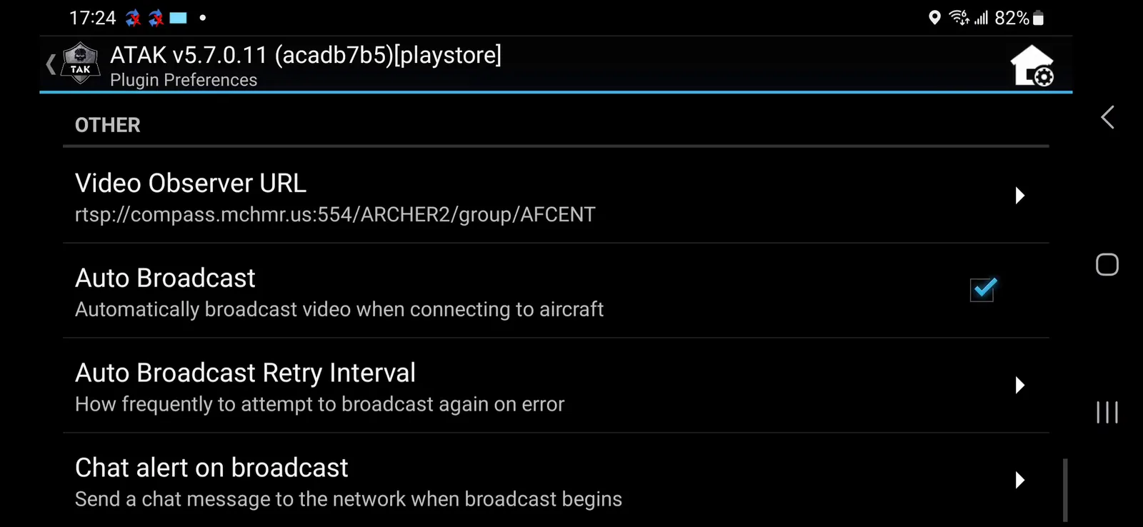 Other broadcast settings: Video Observer URL auto-populated and Auto Broadcast enabled