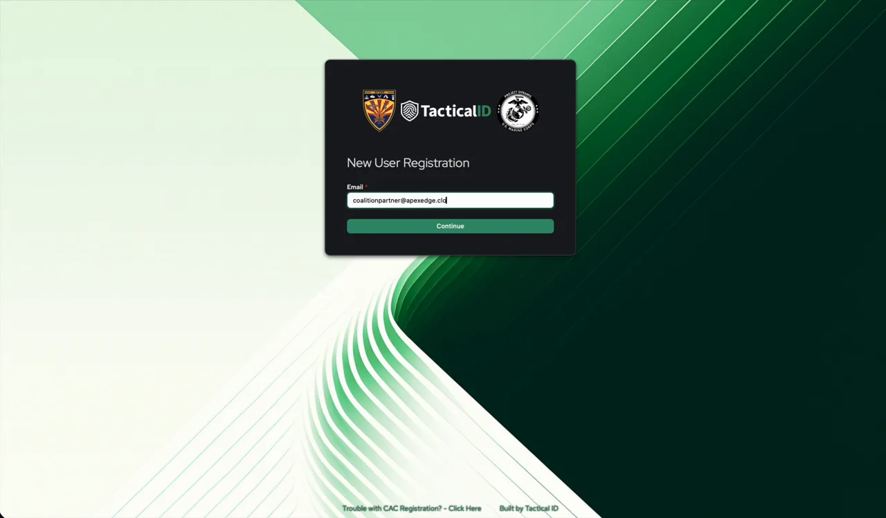New User Registration — enter a non-DoD email to route into partner registration