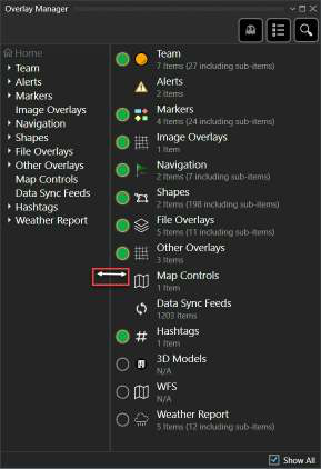 Overlay Manager tree view listing Team, Alerts, Markers, Image Overlays, Navigation, Shapes, File Overlays, Other Overlays, Map Controls, Data Sync Feeds, Hashtags, 3D Models, WFS and Weather Report
