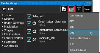 Overlay Manager multi-select with the export drop-down showing Data Package, GPX, KML, KMZ, SHP, Push to ATAK Device and Upload to Cloud