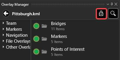 Overlay Manager KML file with the Unlock icon highlighted
