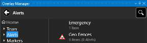 Alerts category in Overlay Manager listing Emergency and Geo Fence alerts