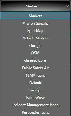 Icon set drop-down listing Markers, Mission Specific, Spot Map, Vehicle Models, Google, OSM, Generic Icons, Public Safety Air, Default, FEMA Icons, GeoOps, FalconView, Incident Management Icons and Responder Icons
