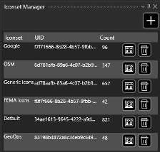 Iconset Manager listing installed icon sets with Send and Delete controls