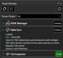 Plug-in Manager status window showing version, description and status for each plug-in