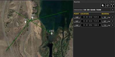 Landmarks placed on the map with the Resection panel listing point locations and bearings