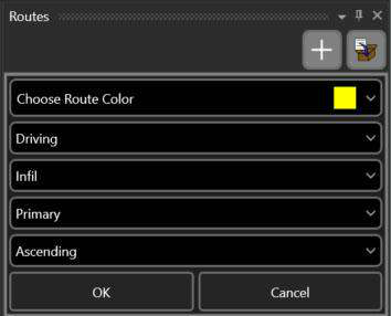 Routes panel for a new route with Choose Route Color, method of movement, Infil/Exfil, Primary/Secondary and Ascending/Descending Checkpoints