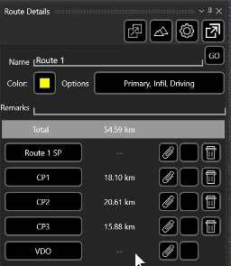 Route Details panel listing checkpoints and distances with cue and attachment buttons