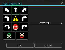 Cue Route dialog offering directional and warning cues for a checkpoint