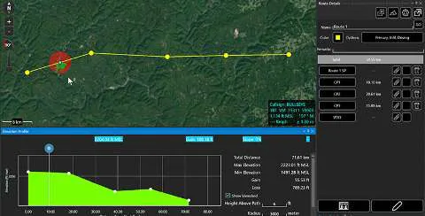 Route elevation profile showing total distance, max and min altitude, gain and loss, with Show Viewshed
