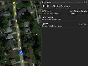 GPS Preferences set to Route Simulator Location Provider with a selected route and speed