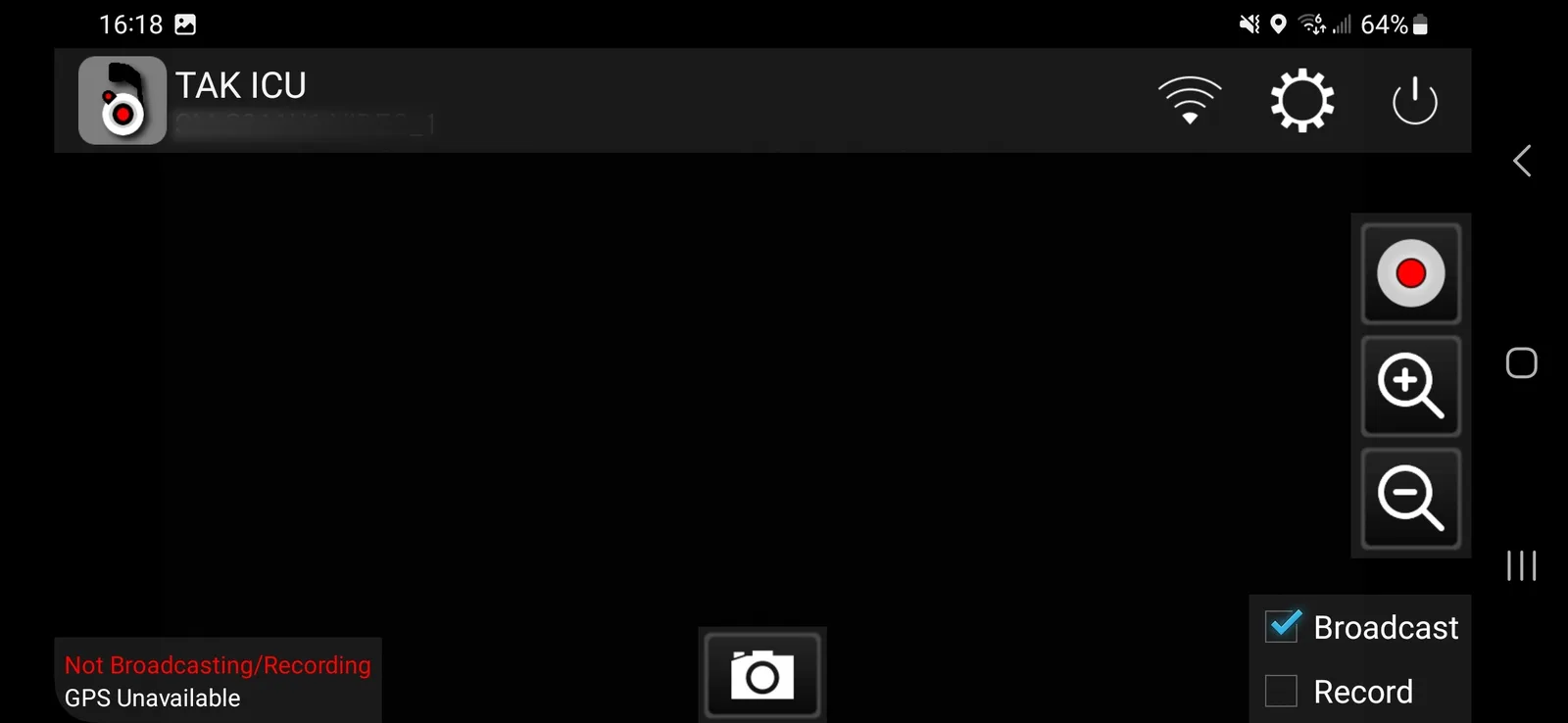 TAK ICU app header with the hamburger menu revealed and the Settings cog visible top-right