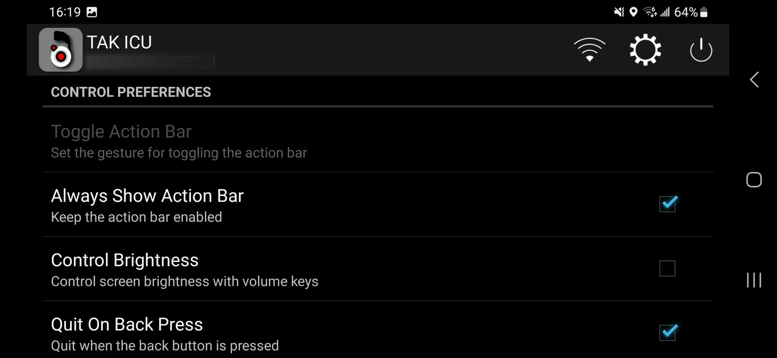 Control Preferences screen with Always Show Action Bar enabled (checked)