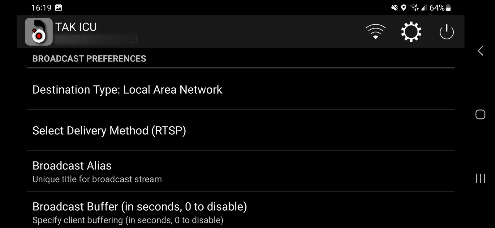 Broadcast Preferences screen showing Destination Type, Delivery Method, and Broadcast Alias fields — RTSP Server Address is further down this same screen and isn't shown here