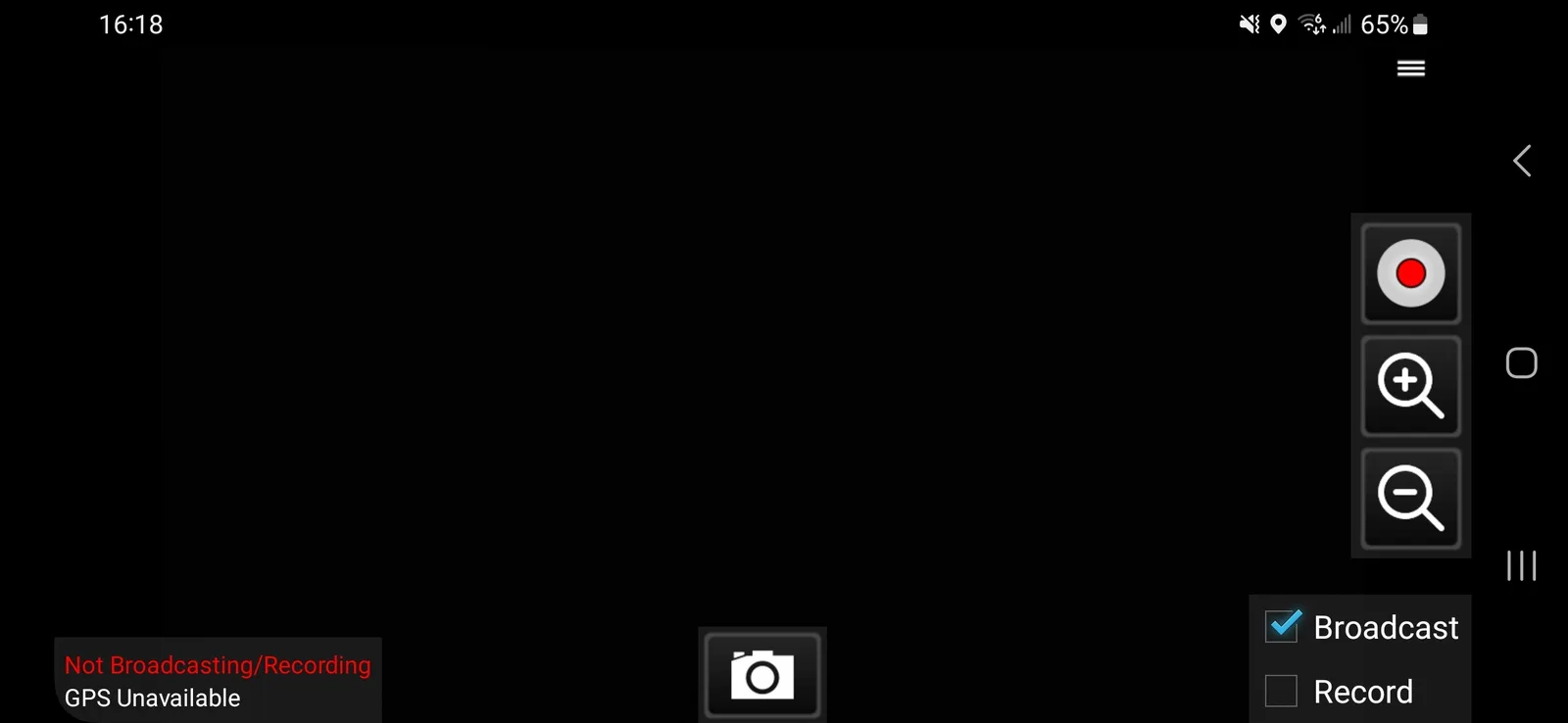 TAK ICU main camera view with the Record button and Broadcast/Record checkboxes