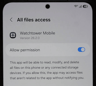 All files access screen for Watchtower Mobile with Allow permission toggled on