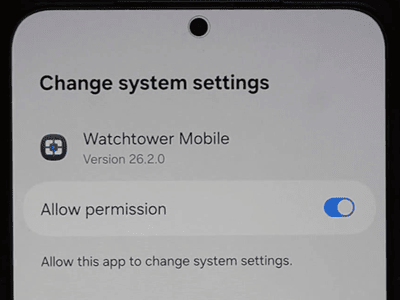 Change system settings screen for Watchtower Mobile with Allow permission toggled on
