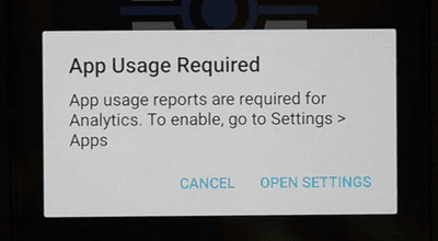 App Usage Required dialog for Watchtower Mobile analytics, with Cancel and Open Settings options