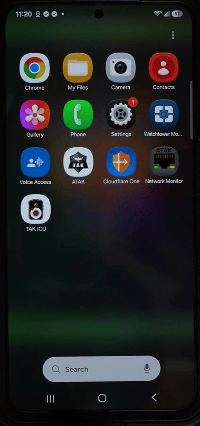 App drawer showing installed apps including ATAK, TAK ICU, Watchtower Mobile, and Network Monitor