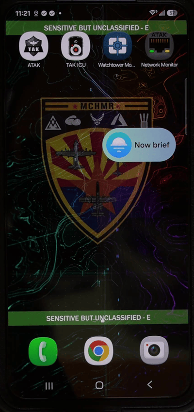 Home screen with ATAK, TAK ICU, Watchtower Mobile, and Network Monitor added as shortcuts above the MCHMR widget