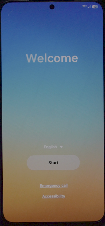 Welcome screen with English language selector, Start button, and Emergency call / Accessibility links