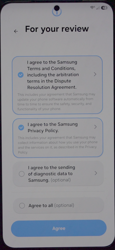 Samsung "For your review" screen with the Terms and Conditions and Privacy Policy boxes checked and an Agree button