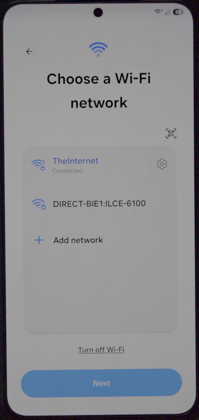 Choose a Wi-Fi network screen listing available networks and the Add network option