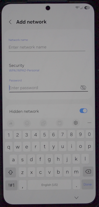 Add network screen with Network name, Security, and Password fields