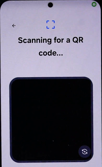 Android QR scanner searching for a code, with a corner-bracket viewfinder and "Scanning for a QR code..." status text